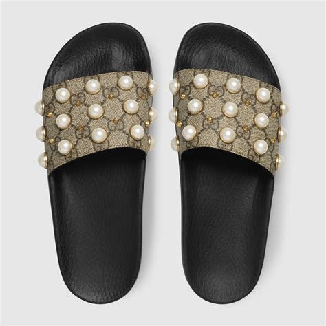 gucci women's gg supreme slides with pearls|gucci slides clearance.